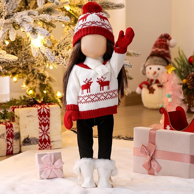 6 Pcs Christmas 18 Inch Doll Clothes and Accessories Winter Outfits Set Sweaters Trousers Hats Shoes for 18 Inch Doll Gift(White and Red,Deer)