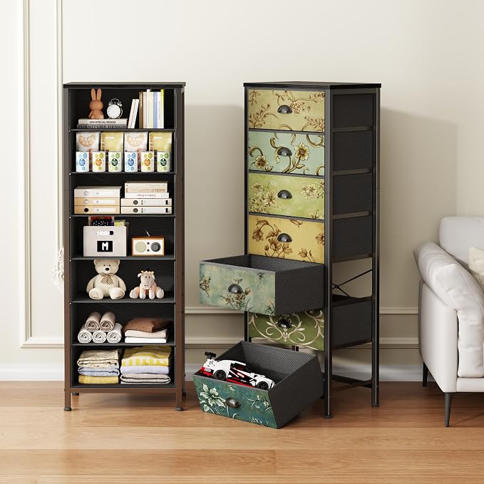 7 Drawer Tall Dresser for Bedroom, Vintage Fabric Chest of Drawers | Tall Nightstand for Dorm, Vertical Storage Tower Organizer, Fabric Drawer Units, Retro Skinny Dresser for Closet, Entryway