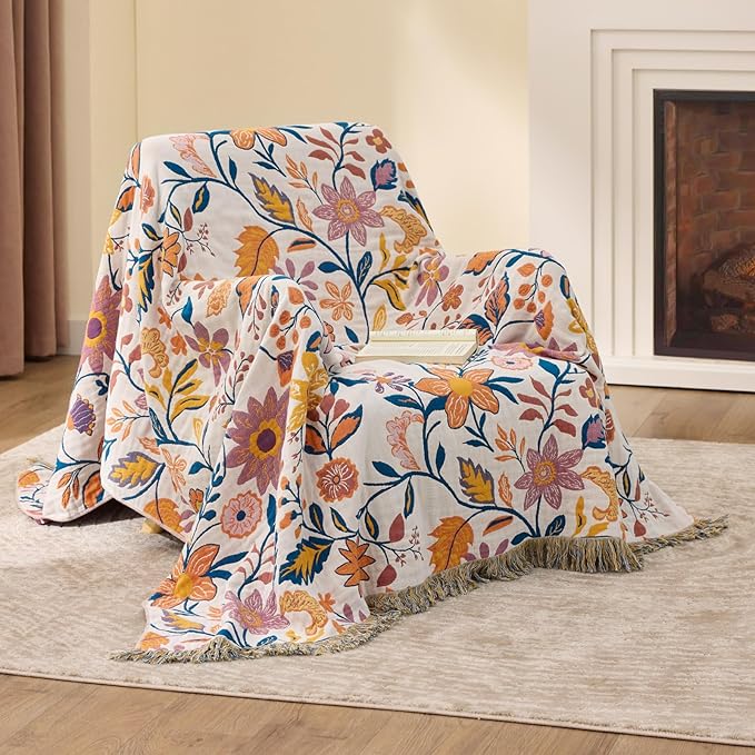 100% Cotton Boho Throw Blanket for Home Decor – Classic Farmhouse Quilt Bedding, Muslin Blankets for Adults, Vintage Woven Decorative Blanket for Couch, Bed Layering Use, Botanic Floral, 50"x60"