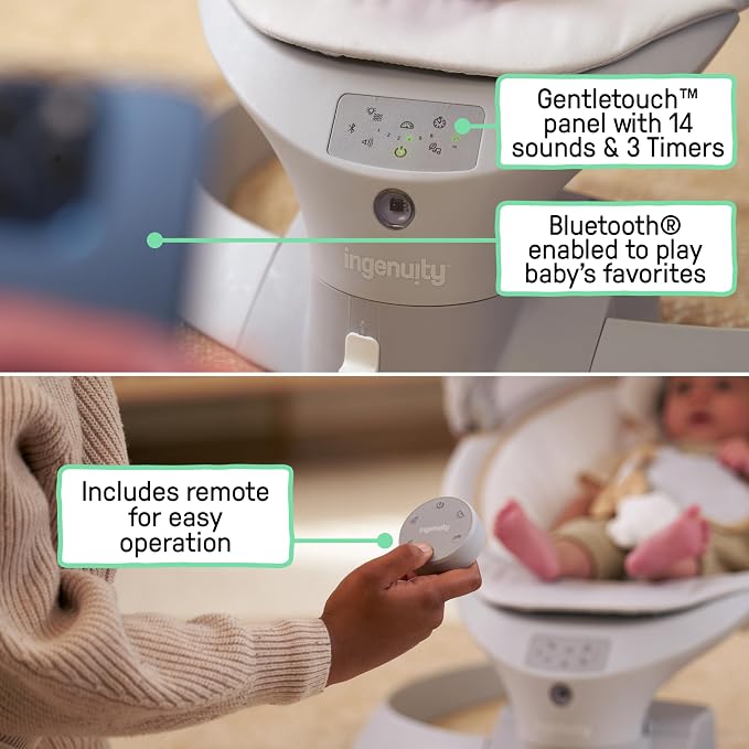 Ingenuity InLighten Baby Swing, 3-in-1 Bounce, Sway & Stationary Seat, Bluetooth Music, Light-Up Canopy, Remote Control, Vibrations, 5-Point Harness, Pebble Shore