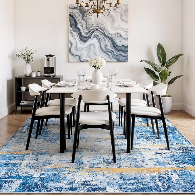 Rugflix 5x7 Area Rugs for Living Room, Washable Sky Blue Gold Large Rug | Machine Washable; Stain-Resistant; Low Pile; Non-Slip; Modern Abstract; Carpet for Bedroom Dining Office Nursery Home