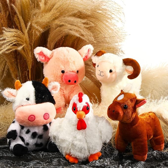 Skylety 5 Pack Farm Plush Animals Set 10 Inches Farm Stuffed Animals Barnyard Stuffed Toys Soft Pig Rooster Horse Sheep Cow Plush Toy for Birthday Party Favor Operation Christmas Items