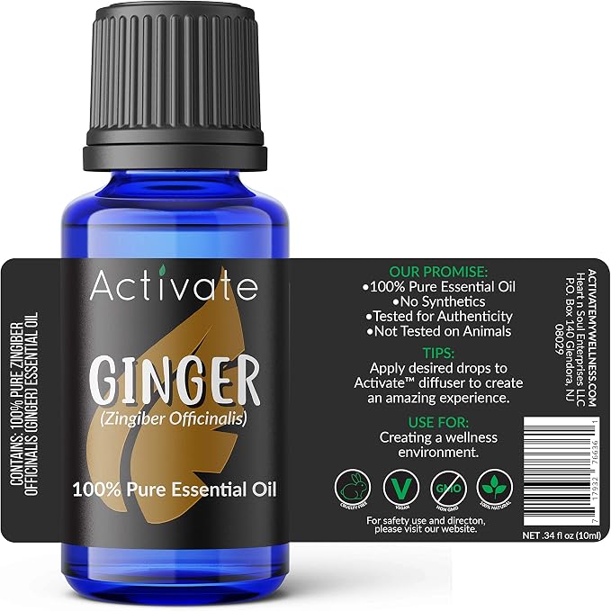Activate Ginger Essential Oil 100% Pure, Premium Grade, Undiluted, Natural, Acne Defence, Aromatherapy & Diffuser Use, Non-GMO 10ml