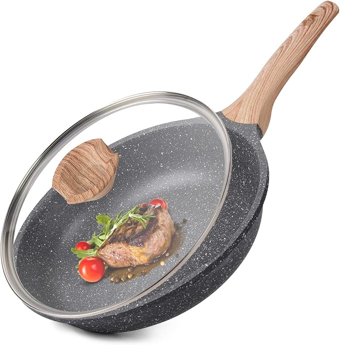 Caannasweis Nonstick Granite Omelet Frying Pan Skille 12 Inch with Lid | Non Stick Omelette Fry Pans, Omelet Egg Pan, Stone Cookware Chef's Pan, Induction Compatible, PFOA Free