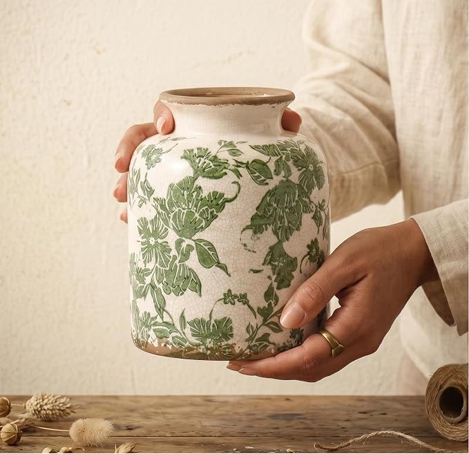 Vintage Green Ceramic Vase for Flower, Decorative Vases for Home Decor | 6.2in Rustic Tuscan Style Scroll Floral Holder, White Vase for Living Room, Mantel, Kitchen, Centerpieces, Tables