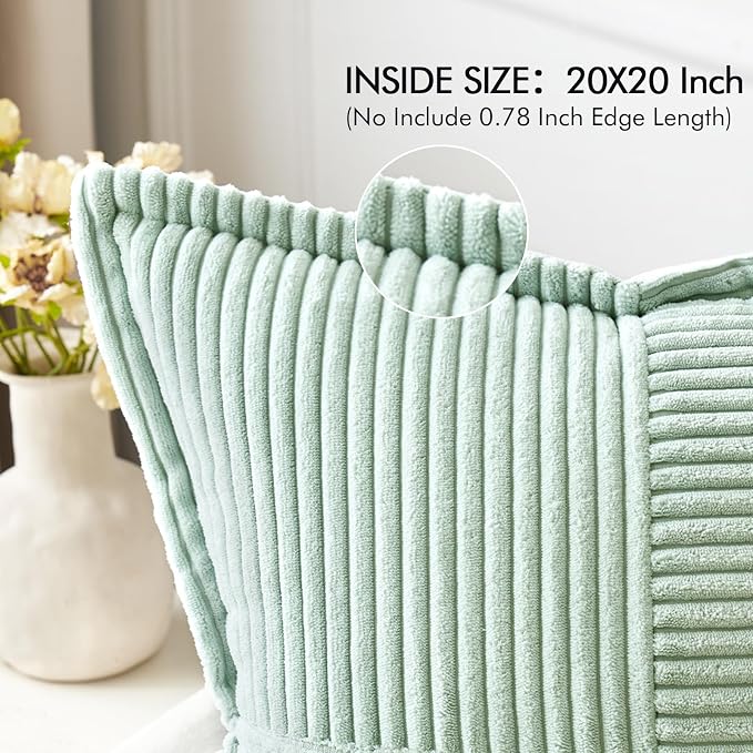 MIULEE Mint Green Corduroy Pillow Covers 20x20 Inch with Splicing Set of 2 Soft Boho Striped Pillow Covers Broadside Decorative Textured Summer Pillowcases for Couch Cushion Bed Livingroom