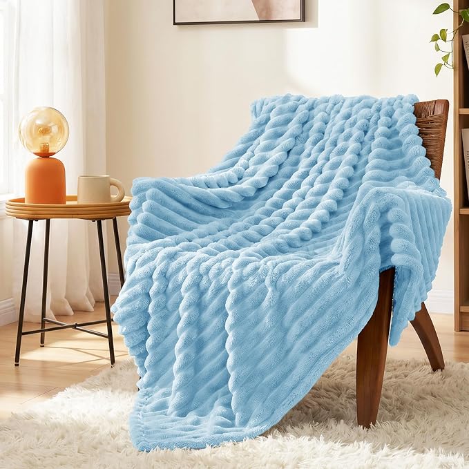 Light Blue Throw Blanket for Couch & Bed, 50 x 60 Inch | 300GSM Ribbed Fleece Blanket, Soft, Cozy & Lightweight, OEKO-TEX Certified, All-Season Use for Travel, Dorm & Home Decor