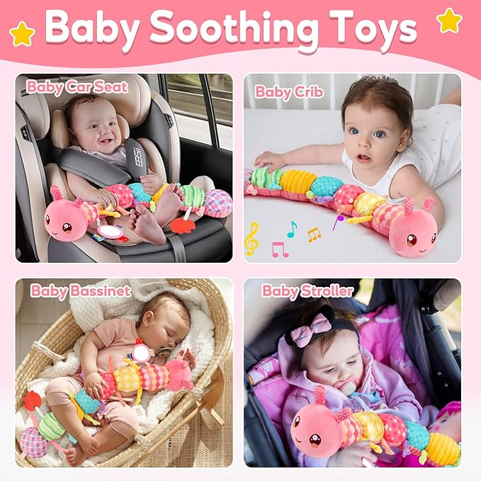 Baby Girls Toys 0-6 Month Music Animal Stuffed Caterpillar Toy for Infant 0-3 3-6 Months Mirror Crinkle Rattle Tummy Time Sensory Toys for 3 4 5 6-12 Month Old Newborn Baby Shower Valentines Gifts