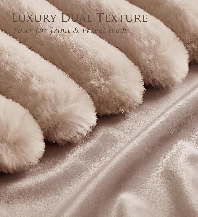 Pack of 2 Throw Pillow Covers 20x12 Decorative Solid Plush Faux Fur with Soft Velvet Back, Square Striped Cushion Cases Modern Farmhouse Home Decor for Living Room Couch Sofa Bed Apricot