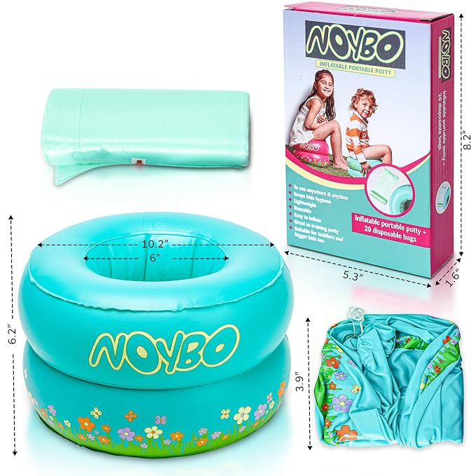 Travel Potty Seat for Toddlers - Inflatable Portable Toilet Kids Chair, Foldable Compact Lightweight Potty for Camping Road Trips, Outdoor Car Travel, Holds 66 lbs and 20 Durable Disposable Bags