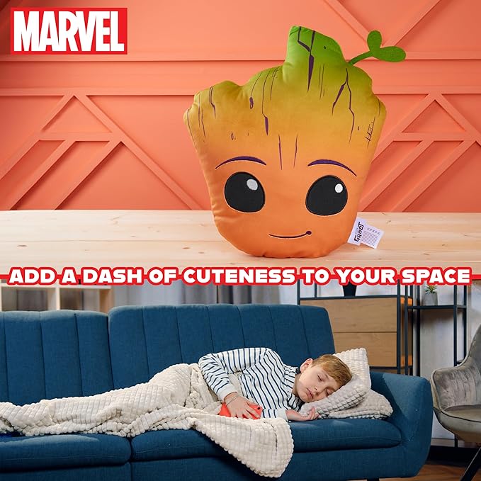 Disney Stitch 3D Plush Cushions for Bed Travel, Cute Cuddle Pillow Stuffed Character Pillow, Bedroom Accessories, Room Decor, Gifts for Kids (Orange Groot, L14.56 x W12.2)