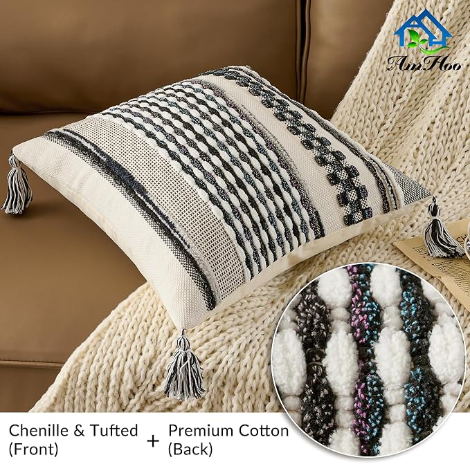 Set of 2 Chenille Striped Textured Boho Throw Pillow Covers Aesthetic with Tassels Woven Decorative Pillow Case for Couch Bed Sofa Bedroom Modern Funky 18 x 18-Inch Black Multicolor