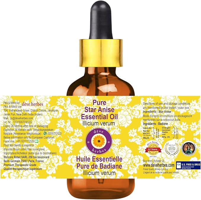 Deve Herbes Pure Star Anise Essential Oil (lllicium verum) with Glass Dropper Steam Distilled 30ml (1 oz)