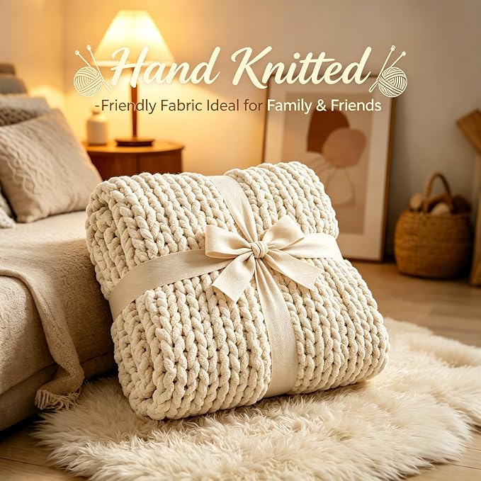 Chunky Knit Blanket Throw for Couch, 40"x50" Chunky Yarn Knitted Blankets | 100% Hand Knit Thick Chenille, Soft Breathable for Bed, Sofa, Home Decor, Cozy Gifts for Women Friends, Ivory