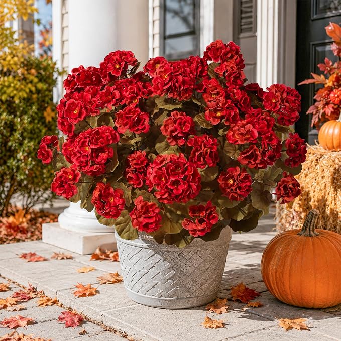 Fake Geraniums Artificial Flowers for Outdoors Fall Autumn Decoration, 6 Bundles Silk Geraniums Look Real Faux Fall Flowers Plants for Front Door Garden Planter Patio Balcony Yard Home Indoor, Red