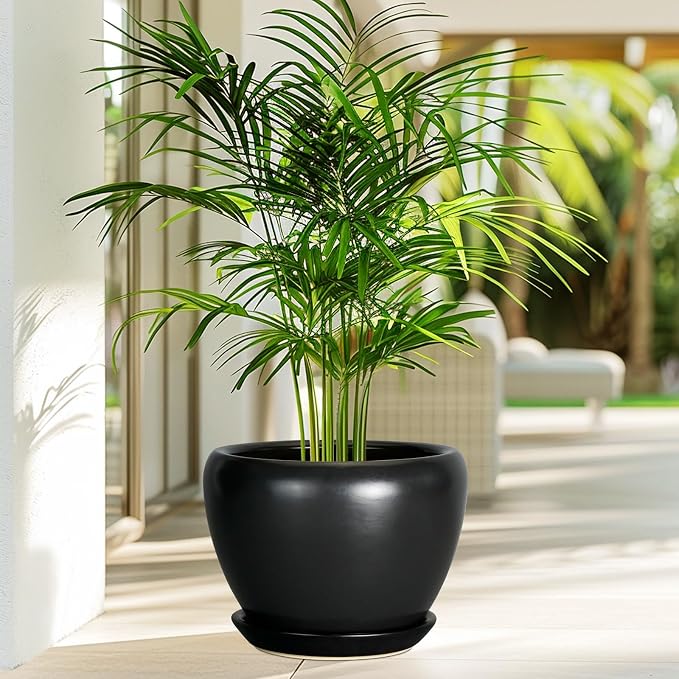 Ceramicfor Ceramic Pot for Plants - 10 Inch Plant Pot Indoor with Drainage Hole and Saucer Large Planter Decorative Planter Modern Outdoor Flower Pot for House Balcony Black
