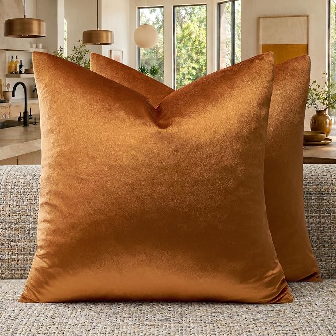 GIGIZAZA Orange Velvet Pillow Covers 22x22 Decorative Pillows Pack of 2 | Throw Pillows for Couch Sofa,280gsm Soft Textured Fabric,Modern Square Pillowcases,Luxury Cushion Covers