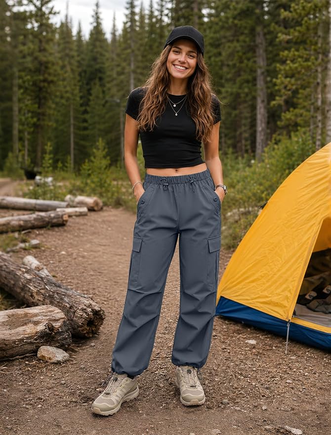 COPYLEAF Cargo Pants Women Elastic Waisted Parachute Hiking Pants with Pockets Water-Resistant Lightweight Baggy Pants