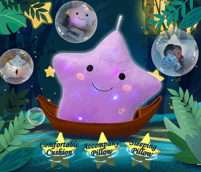 DearSun Set of 2pcs, 13'' Creative Twinkle Star Colorful Night Light Plush Pillows Light up Night Stuffed Toys Perfect for Birthday Christmas Holiday Valentines(Yellow+Purple)