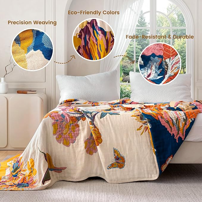 MSGKV Boho Throw Blanket 50"x60" Cotton Throw for Couch Sofa, Floral Quilt | Cotton Throw, Floral Butterfly, Summer Blanket, Breathable Lightweight, Living Room Decor, Soft Comfort, Machine Washable