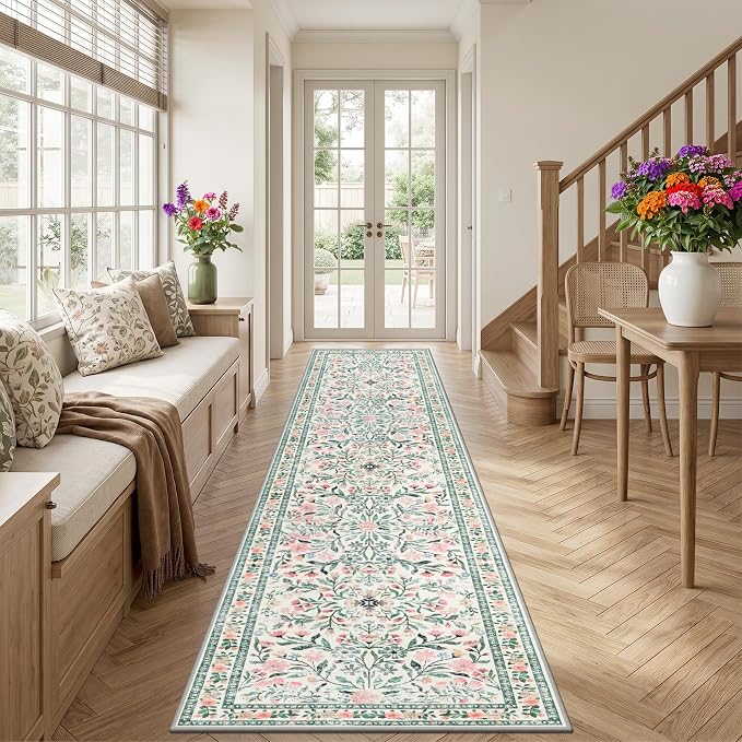 Runner Rug for Entryway: 2.6x14 Kitchen Rugs Non Slip Washable Ultra-Thin Soft Floral Carpet Indoor Floor Stain Resistant Carpets for Hallway Bedroom Kitchen Laundry Bathroom Dorm Green/Beige