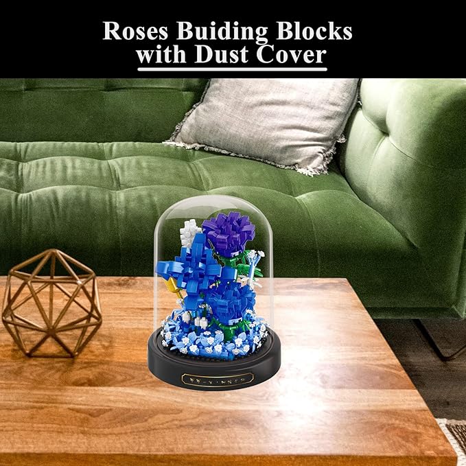 Roses Flower Bouquet Set,Mini Bricks Botanical Collection Flowers Building Blocks,Artificial Plant Bonsai Tree Friend Set,New Year Valentines Birthday Gift for Mom Girls Women Adults(Blue)