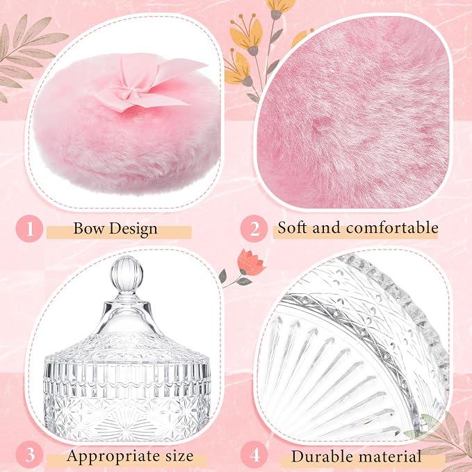 Tioncy 3 Pcs Large Body Powder Puff and Container Valentine's Day gift Powder Container with Puff Crystal Case Soft Washable Reusable Velour Face Body Glitter Wet Dry Makeup(Vintage Embossed,Clear)