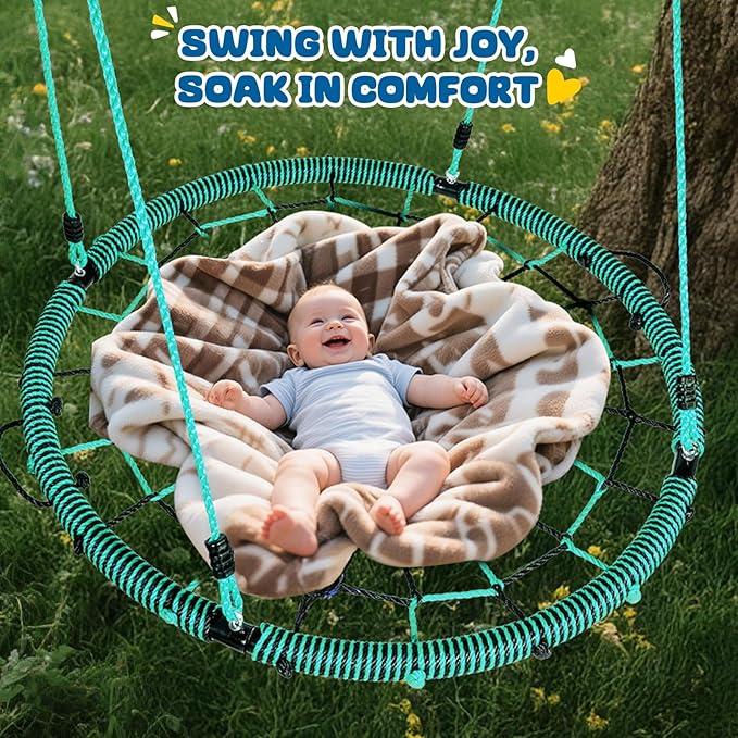 Trekassy 750lbs 40“ Spider Web Saucer Tree Swing for Kids Adults, Outdoor Net Swing with Steel Frame and 2 Hanging Straps-Green+Black (Patented)