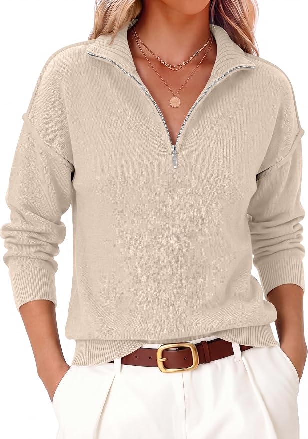 ANRABESS Womens Quarter Zip Sweaters Fall Long Sleeve V Neck Shirts Collared Business Casual Tops Knit Pullover Sweatshirts
