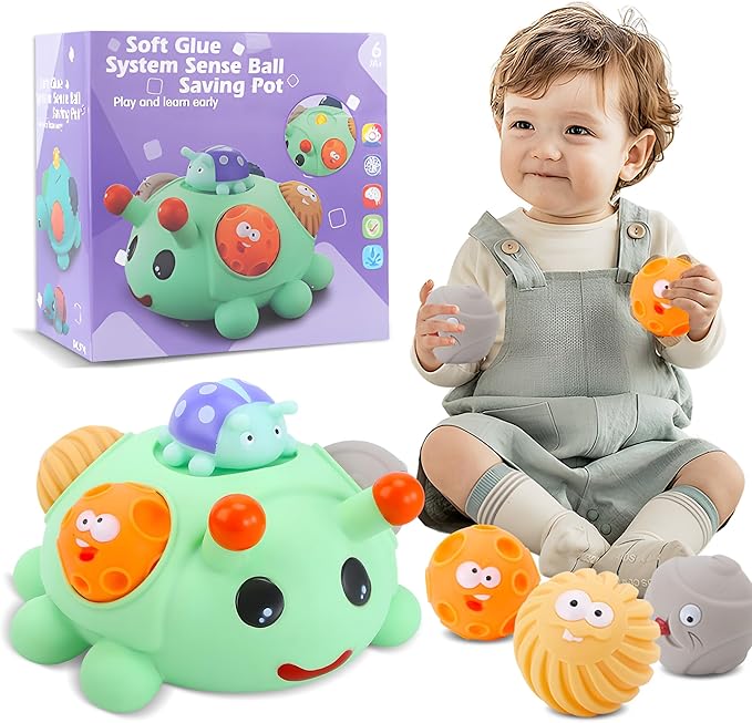 Baby Sensory Balls, 4PCS Teething Toys with Piggy Bank for 6M+ | Soft Textured, Easy to Grip, Fine Motor Skills, Montessori Teething Toys for Babies 6-12 Months, 1 Year Old Boy Gifts