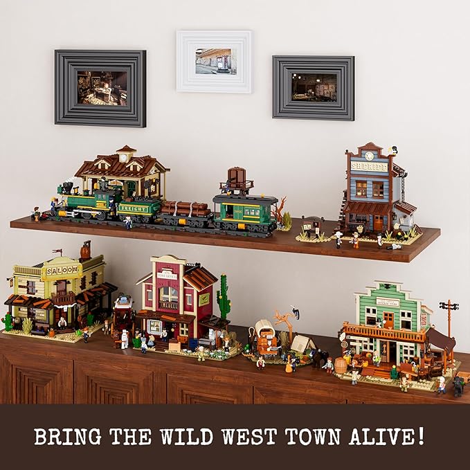 FUNWHOLE Cowboy Camp Lighting Building-Bricks Set - The Old West Shelter with Covered Wagon and Horse 542 Pcs Collection Display Set for Adults and West Lovers