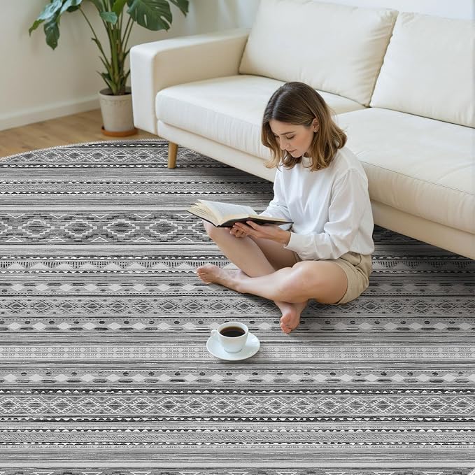 cotiled 8x8 Round Area Rugs Living Room Rug: Washable Boho Rugs with Non Slip Backing Large Soft Indoor Stain Resistant Carpet for Bedroom Farmhouse Dining Room Lightweight Home Decor Beige Grey