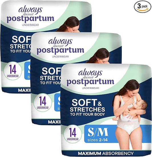 Always Discreet Postpartum and Adult Incontinence Underwear for Women, Small/Medium, Maximum Protection, 14 Count (Pack of 3)