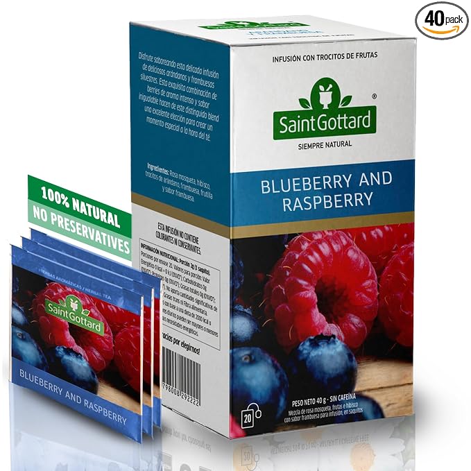 Blueberry & Raspberry Saint Gottard Premium Herbal Tea – Natural Antioxidant Botanical Blend for Cleanse & Digestive Support – 40 Tea Bags – Naturally Low in Caffeine – Pure Herbs