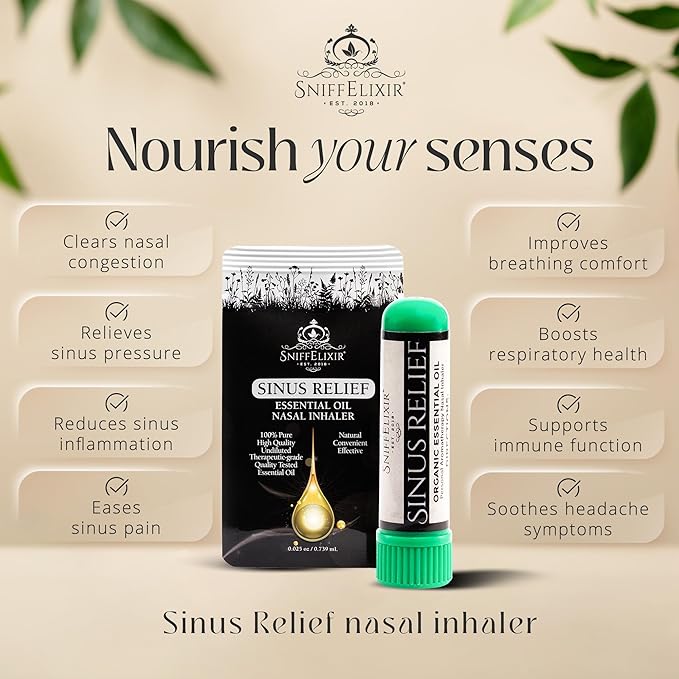 Sinus Relief Essential Oil Aromatherapy Nasal Stick Vapor Inhaler - Natural Stuffy Nose & Congestion Relief for Adults, USA Made with Organic Essential Oils, Breathe Free