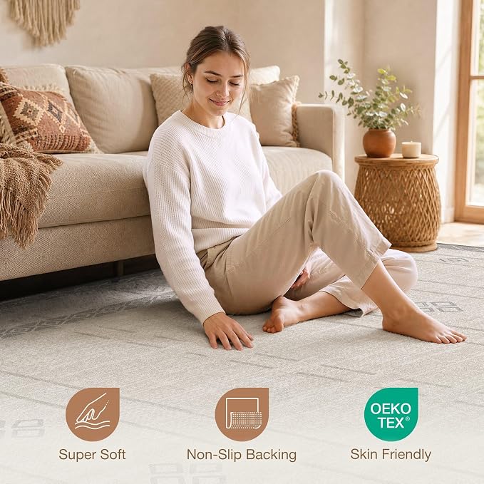 cotiled 5x7 Area Rugs Living Room Rug: Washable Boho Rugs with Non Slip Backing Large Soft Indoor Stain Resistant Carpet for Bedroom Farmhouse Dining Room Lightweight Home Decor Grey Beige