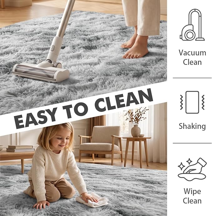 5x7 Ft Shag Area Rug for Bedroom, Tie Dyed Ultra Soft Fluffy Furry Rugs for Living Room Indoor Floor, Aesthetic Carpet for Kids Home Decor (Grey)