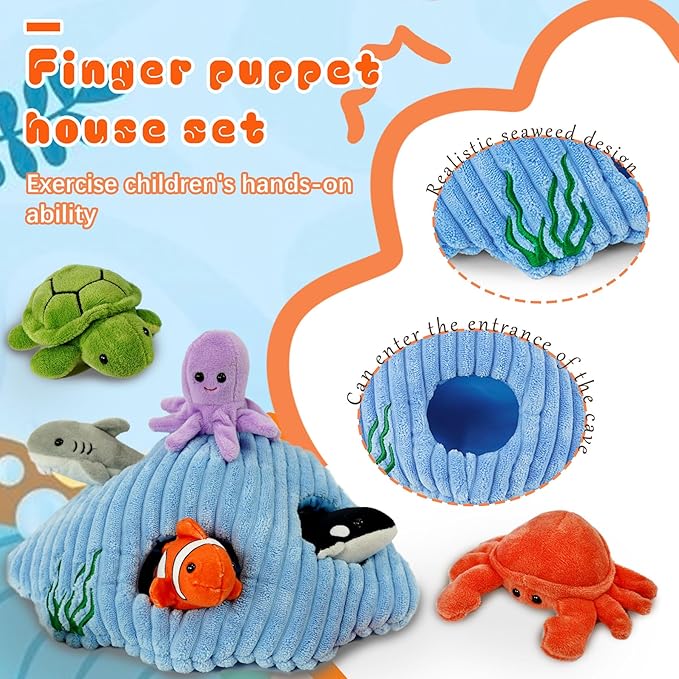 6pcs sea Finger Puppets with a Shell House，Novelty Animals Toys Puppet for Kids, Storytelling Role-Playing Plush Finger Puppets Gifts for Boys and Girls