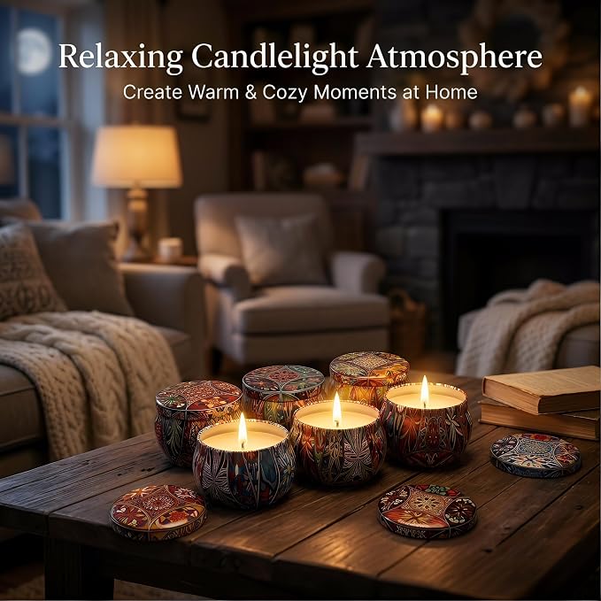 Topadorn 6 Pack Scented Candles Gift Set, Soy Wax Aromatherapy Candles in Decorative Boho Tins, Lavender Vanilla Jasmine Gardenia Lemon Rosemary, Candle Gift Box for Women & Home Decor