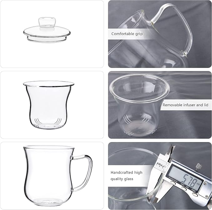 CNGLASS Glass Tea Cup with Removable Infuser and Lid,10oz Thickened Glass Infuser Mug,Borosilicate Glass Mug for Loose Leaf Tea,Teabags