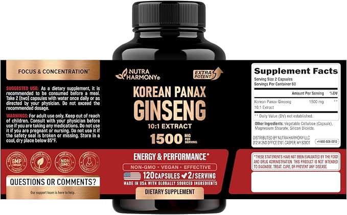 Panax Ginseng 1500 mg - Red Korean Ginseng Supplement for Men - Extra Strength 10:1 Extract - Energy, Focus, Productivity & Performance - Natural & Vegan - Lab Tested - 120 Capsules, 2 Month Supply