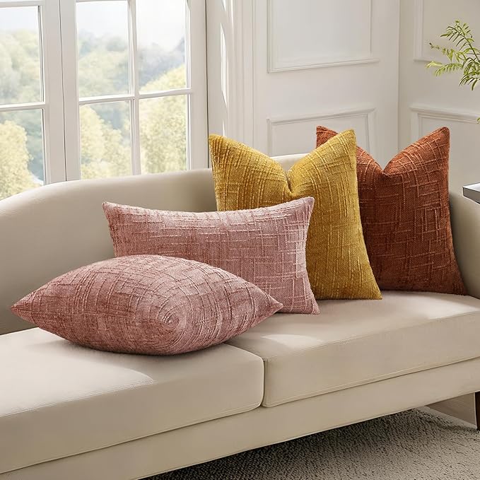 decorUhome Textured Chenille Throw Pillow Covers 12x20 Set of 2 Pink | Fall Modern Farmhouse Soft Cozy Slubby Couch Pillow Cases Boho Decorative Pillow Cases for Bed Sofa Living Room Home Decor