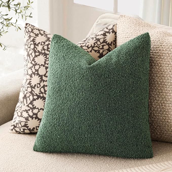 Foindtower Pack of 2 Textured Boucle Throw Pillow Covers Accent Solid Pillow Cases Cozy Soft Decorative Couch Cushion Case for Chair Sofa Bedroom Living Room Home Decor 18x18 Inch Pine Green