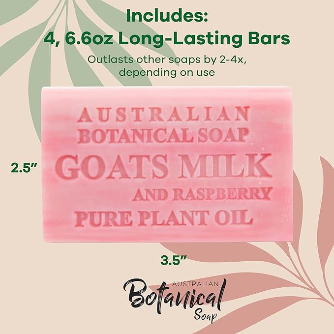 Australian Botanical Soap Goats Milk and Raspberry – Triple Milled 6.6 oz Bar Soap with Shea Butter, Face Hand & Body Soap Bars, Pack of 4