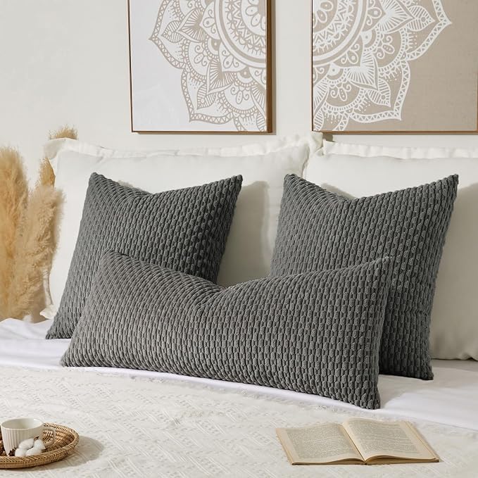 Kevin Textile Soft Corduroy 14"x36" Lumbar Pillow Cover 1 Pack, Dark Grey | Boho Stripe Plush Corduroy Decorative Oblong Cushion Cover Modern Farmhouse Home Decor for Sofa Couch Bed Chair