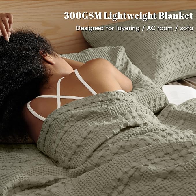 PHF 100% Cotton Waffle Weave Blanket Queen Size, Lightweight Breathable Summer Blanket for Hot Sleepers, Pre-Washed Soft Layer for Bed, Couch, Aesthetic Home Decor & Gift, 90"x90", Dusty Sage