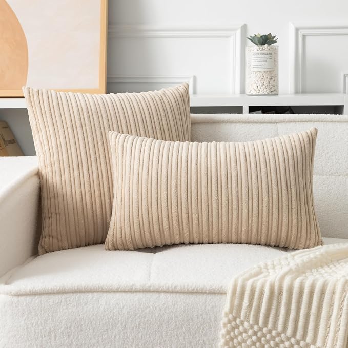 UGASA Velvet 12x20 Inch Lumbar Soft Throw Pillow Cover Boho Farmhouse Decorative Corduroy Striped Both Sides Solid Rectangular Cushion Case for Couch Bedroom Sofa Home, 1 Piece, Beige