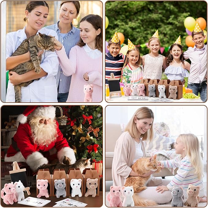 84 Pcs Adopt a Pet Party Favors 24 Mini Plush Stuffed Animals 10 White Plastic Fence 24 Paper Gift Boxes 24 Adoption Cards with Mini Chalkboard and Artificial Lawn(Cat)