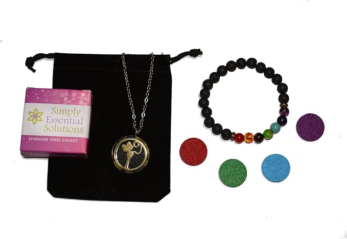 Aromatherapy Essential Oil Diffuser Stainless Steel 30MM Silver Magnetic Locket Pendant 2 Sizes Chain Necklace, Colored Refill Pads & Diffuser Bracelet in a Velvet Bag (fbastandingskinnycat)