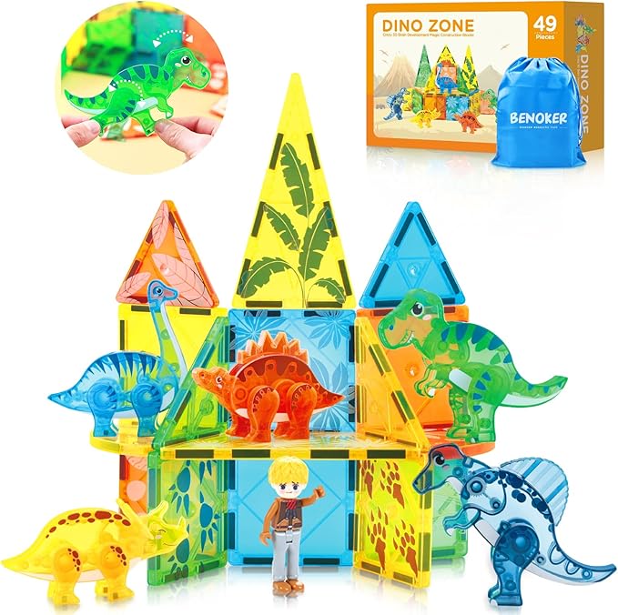 BENOKER Dinosaur Magnetic Tiles,Animals Magnet Building Blocks Toys Dino World,3D STEM Educational Magnet Tiles for Boys Girls Kids Age 3 4 5 6 7 8